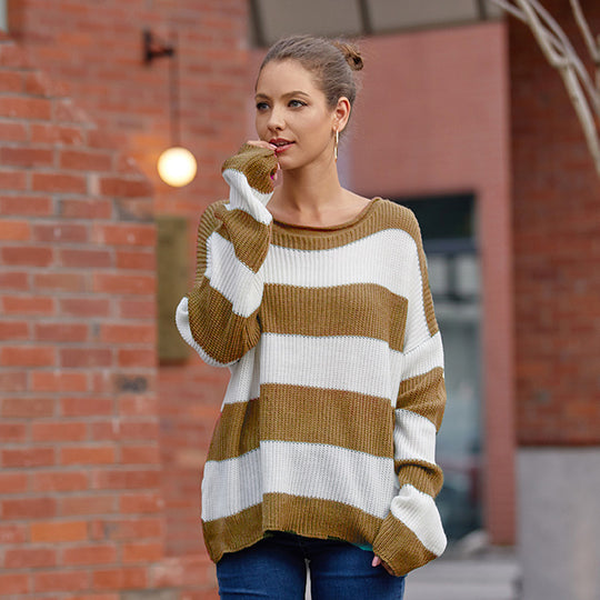 Damen lässiger Oversized Pullover mit breiten Streifen Heidi-Mode