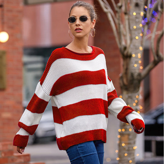 Damen lässiger Oversized Pullover mit breiten Streifen Heidi-Mode