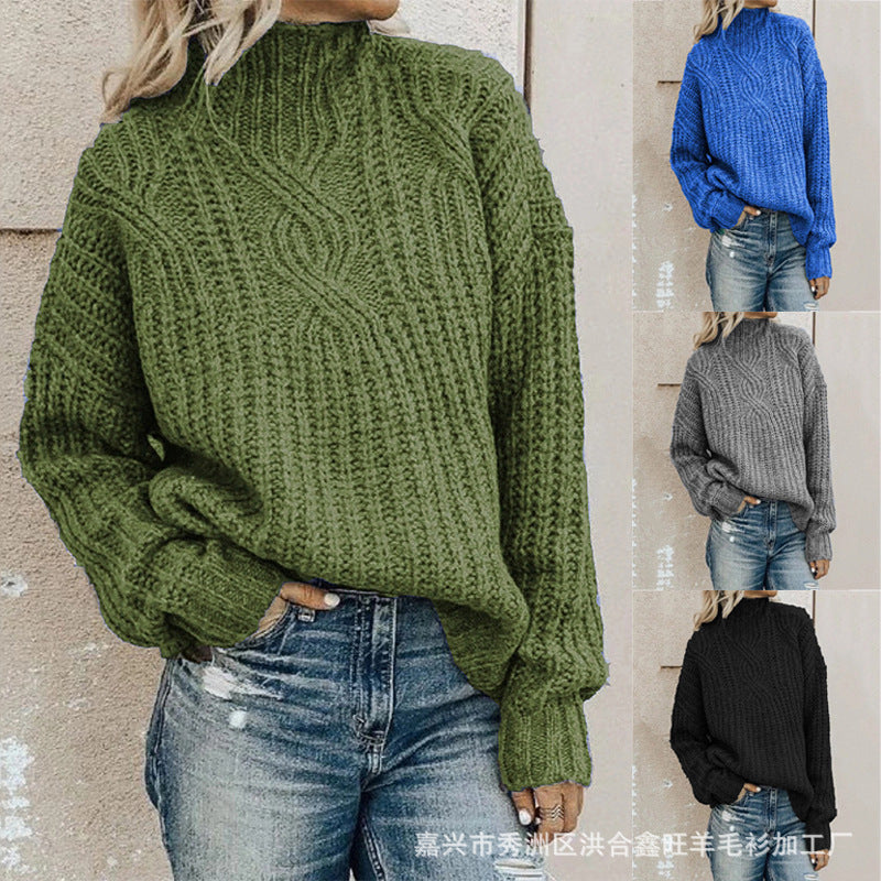 Damen Grober Strickpullover mit hohem Kragen und Zopfmuster Heidi-Mode