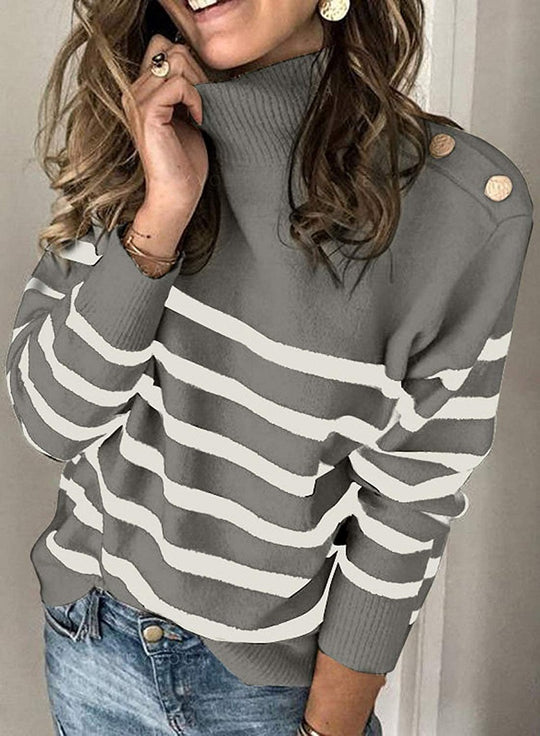Damen Hochgeschlossen Pullover mit Streifenmuster und dekorativen Knöpfen Heidi-Mode