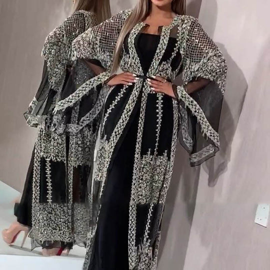 Damen Elegante Kaftan Robe aus transparentem Stoff mit aufwendigen Verzierungen Heidi-Mode