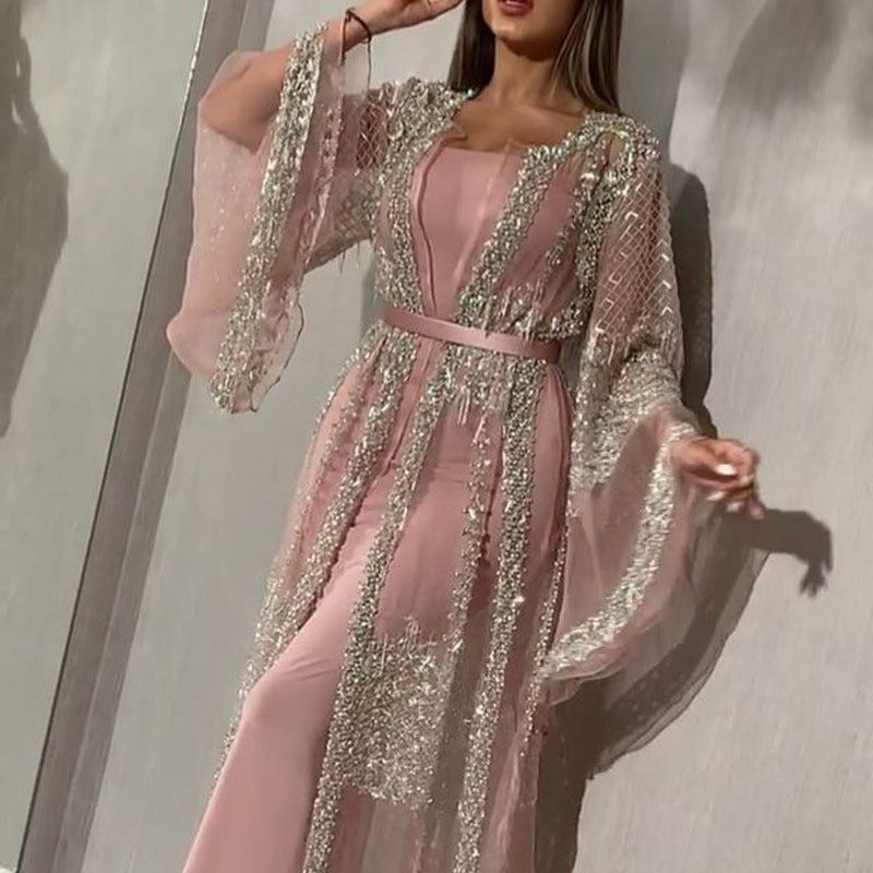 Damen Elegante Kaftan Robe aus transparentem Stoff mit aufwendigen Verzierungen Heidi-Mode