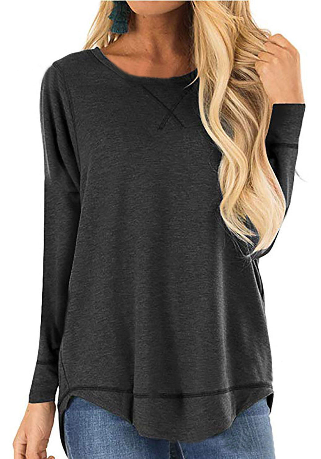 Damen lässiges Langarmshirt aus atmungsaktiver Baumwolle mit modischen Seitenschlitzen Heidi-Mode