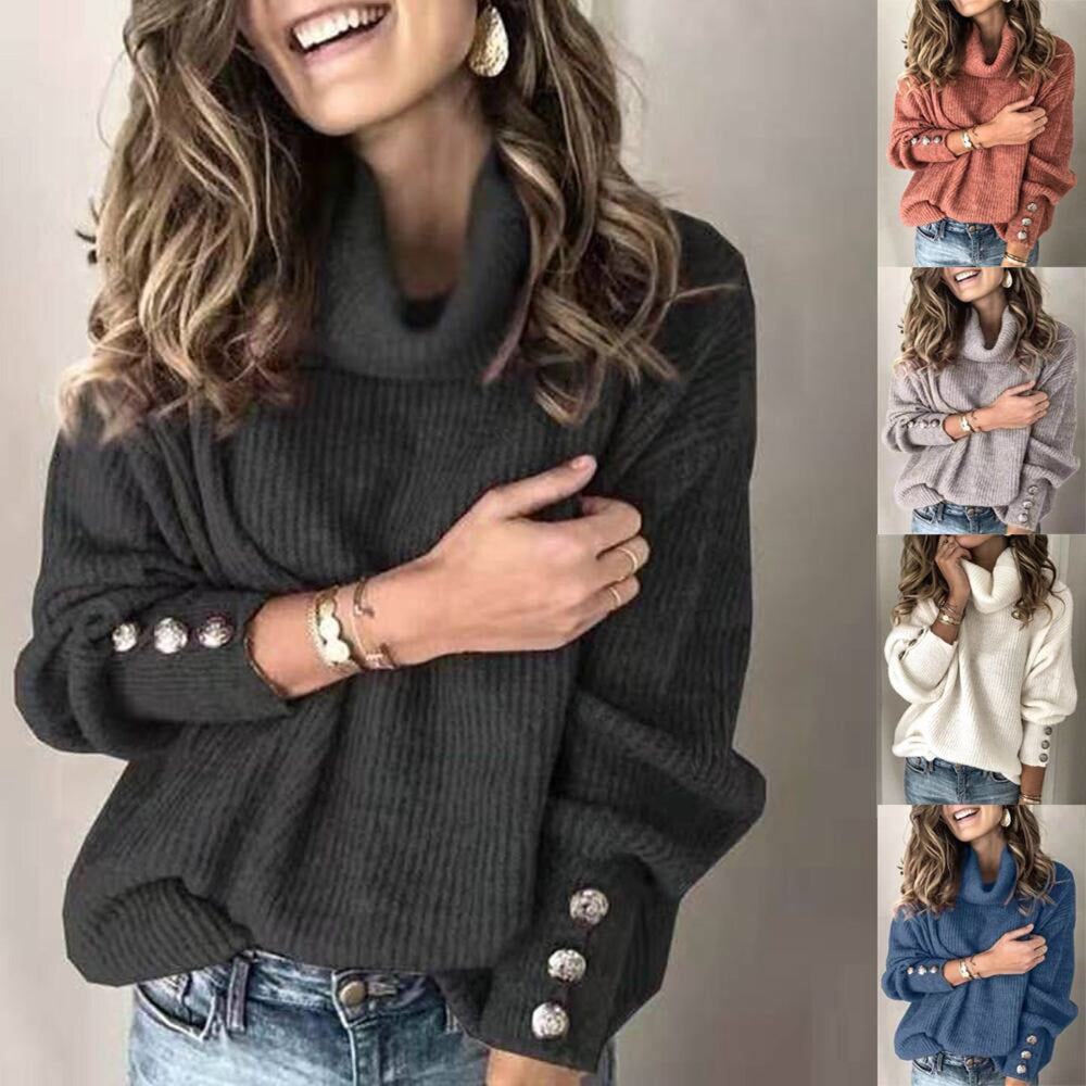 Damen Oversized Rollkragenpullover mit dekorativen Knöpfen Heidi-Mode