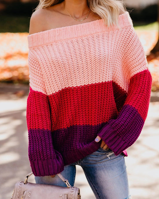 Damen lässiger Strickpullover mit weitem Ausschnitt und Farbblockdesign Heidi-Mode