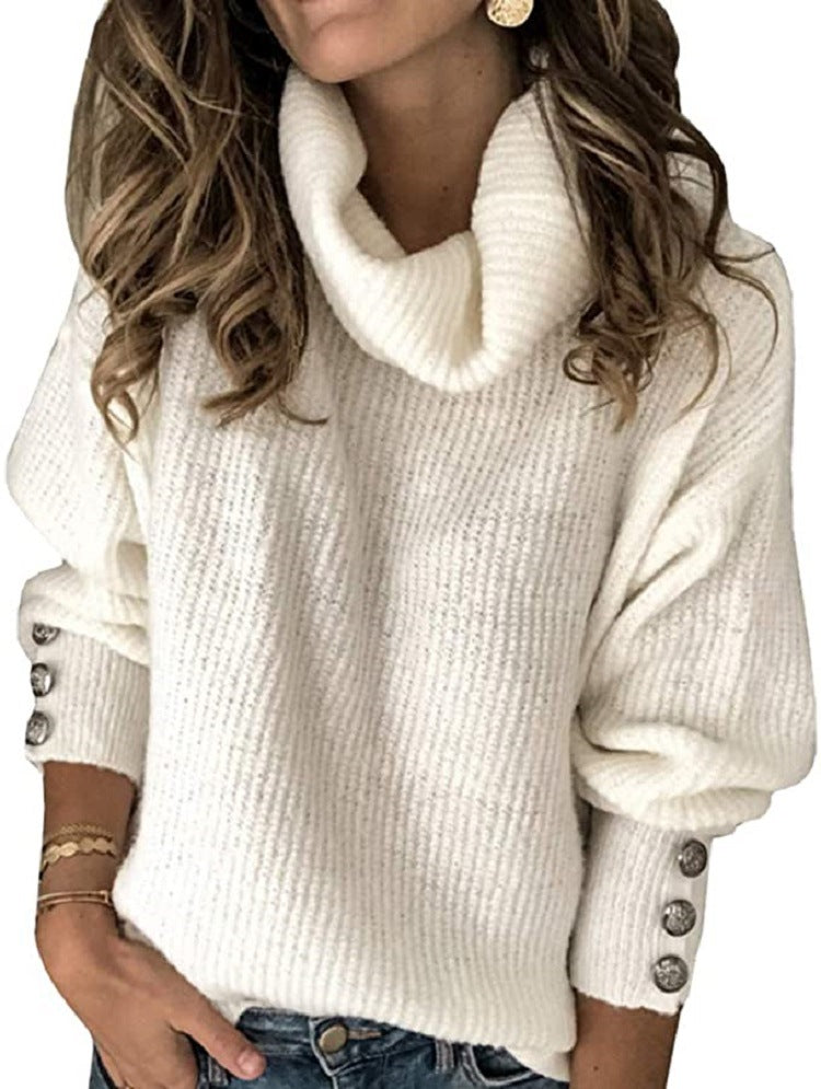 Damen Oversized Rollkragenpullover mit dekorativen Knöpfen Heidi-Mode