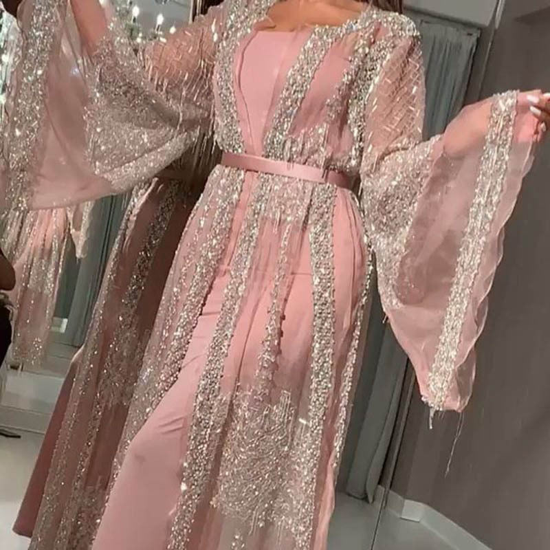 Damen Elegante Kaftan Robe aus transparentem Stoff mit aufwendigen Verzierungen Heidi-Mode