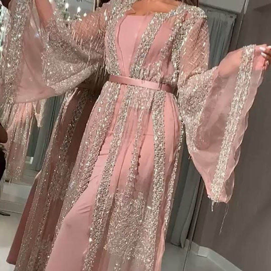 Damen Elegante Kaftan Robe aus transparentem Stoff mit aufwendigen Verzierungen Heidi-Mode