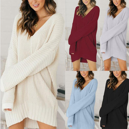 Damen Grobstrick Pulloverkleid mit V-Ausschnitt und lässigem Schnitt Heidi-Mode