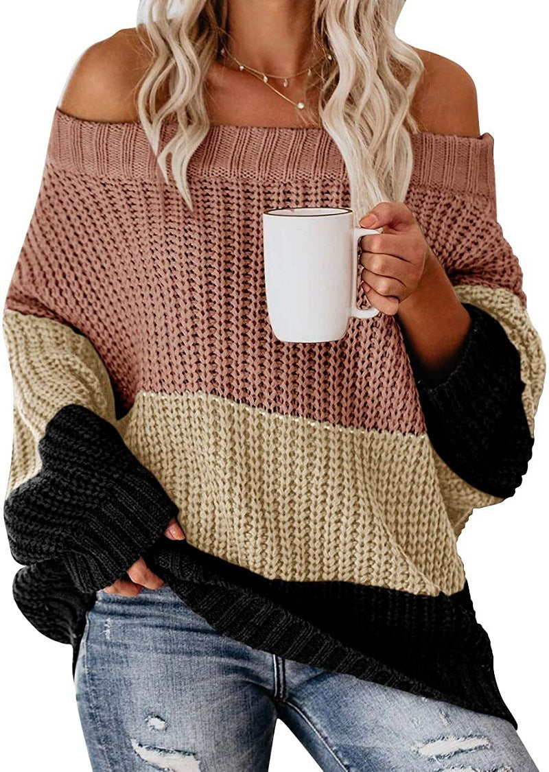 Damen lässiger Strickpullover mit weitem Ausschnitt und Farbblockdesign Heidi-Mode