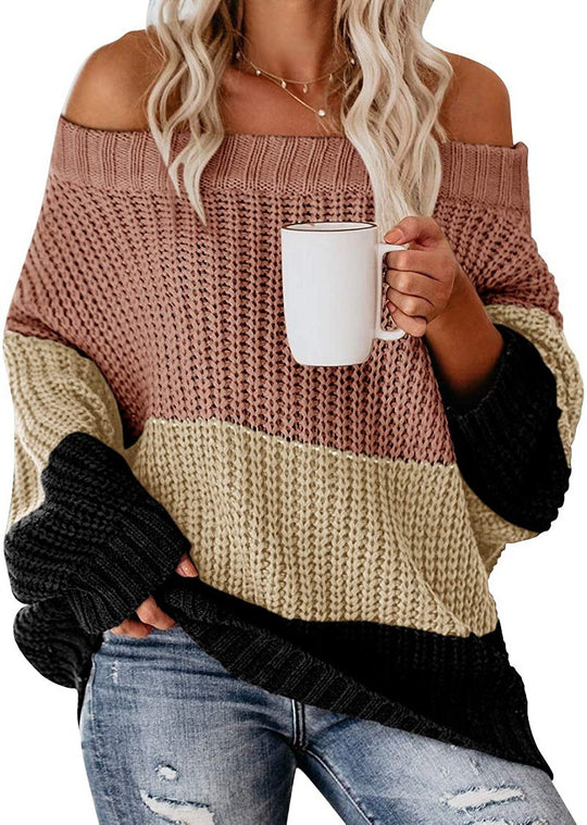 Damen lässiger Strickpullover mit weitem Ausschnitt und Farbblockdesign Heidi-Mode