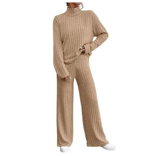 Heidi-Mode | Zwei-teiliges Set aus gestricktem langärmligem Kleid für Frauen und weiten Hosen