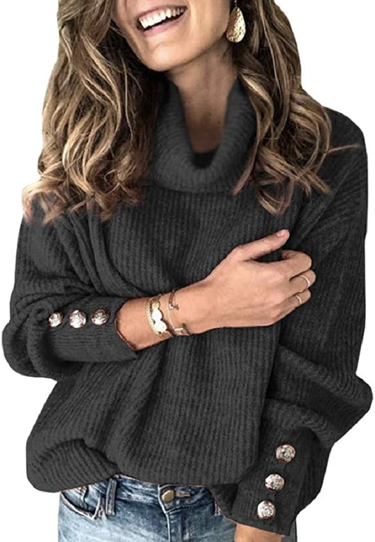 Damen Oversized Rollkragenpullover mit dekorativen Knöpfen Heidi-Mode