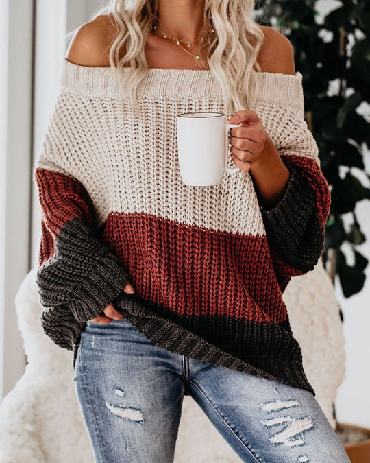 Damen lässiger Strickpullover mit weitem Ausschnitt und Farbblockdesign Heidi-Mode