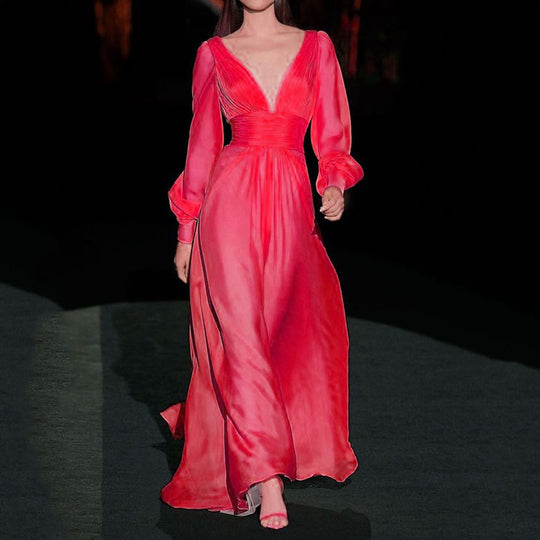 Damen Maxikleid mit tiefem V-Ausschnitt und Puffärmeln Heidi-Mode