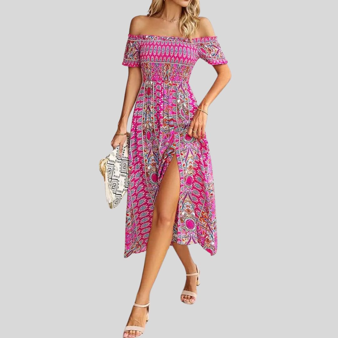 Langes Boho-Kleid mit freien Schultern und Rüschen