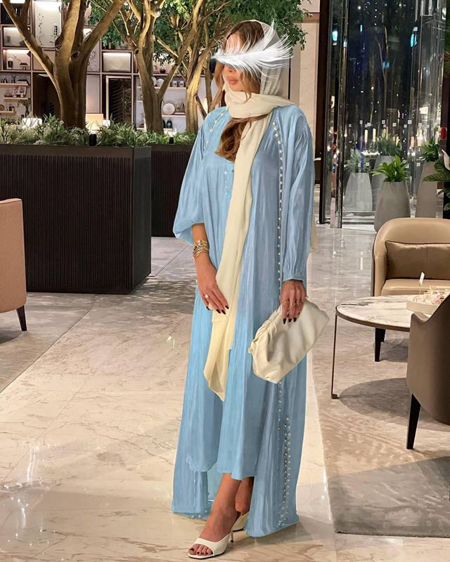 Heidi-Mode | 2 Teile Set Satin Perlen Muslimische Frauen Offene Abaya Kleid mit Innentop Ärmeloses Kleid