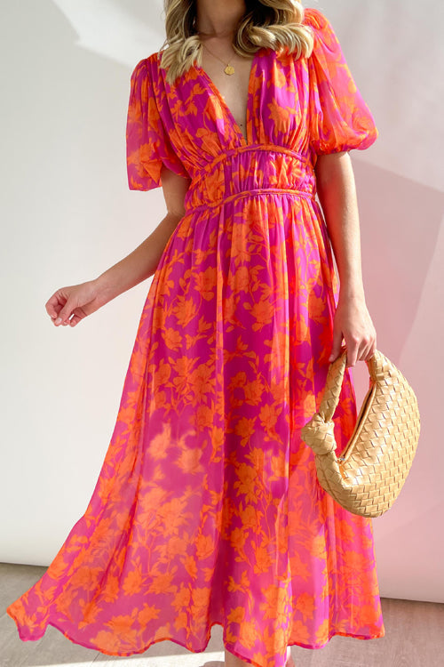 Heidi-Mode | Real Love Print Puffärmel Maxi Kleid