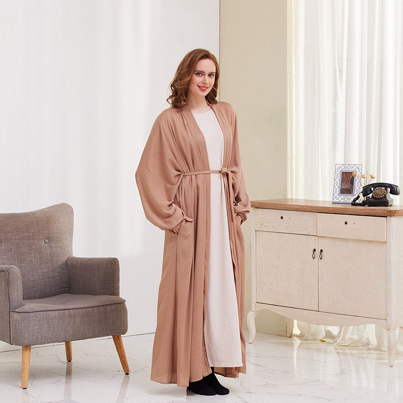Heidi-Mode | 8 Farboptionen Satin Laternenärmel Offene Abaya Kleid Muslimische Dubai Frauen