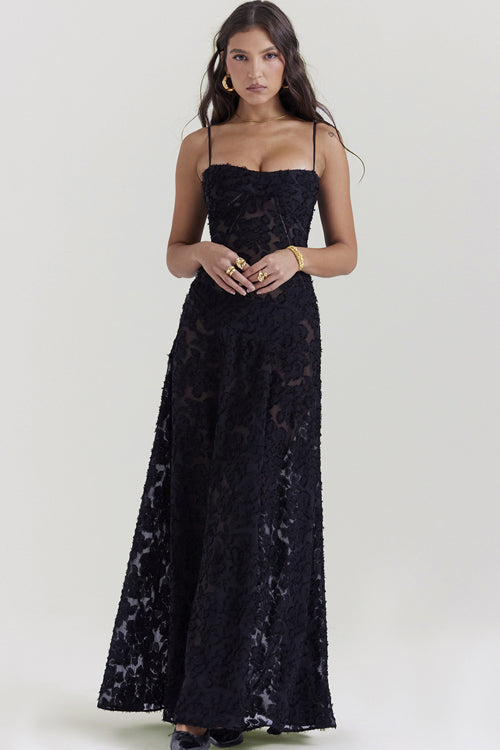 Heidi-Mode | Gift Of Love Blumen Tie Back Maxi Kleid Schwarz