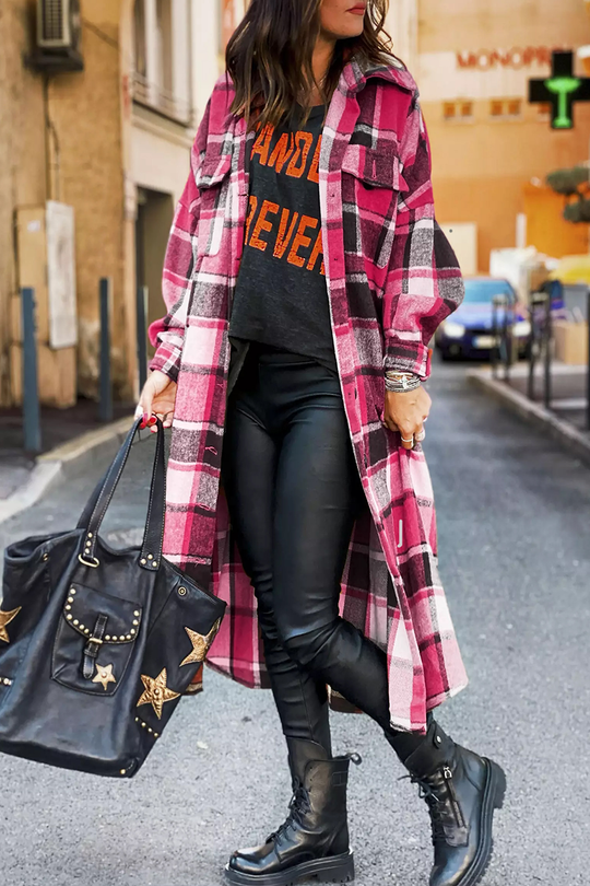 Heidi-Mode | Klappkragen Karoprint Wolle Lange Jacke