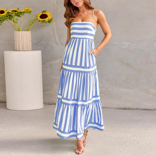 Heidi-Mode | Charlotte Sommerstreifen Gedruckt Träger Lange Kleid mit Taschen, Mode Rechteckiger Ausschnitt, Rückenfreie Kleider für Strandurlaub Damen Kleidung