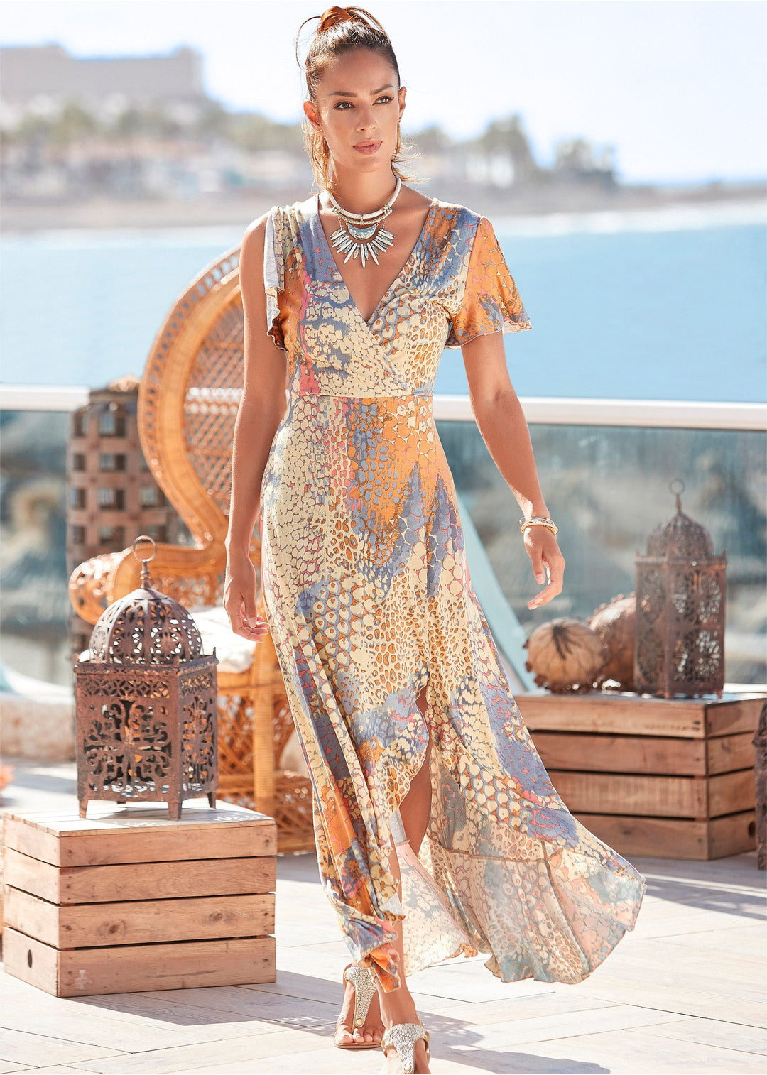 Heidi-Mode | Wickel Maxikleid Orange Mehrfarbig