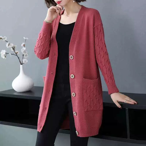 Heidi-Mode | Cardigan-Pullover Wollstrick Lockere Passform Kabelärmeln Mittellang Knopffront