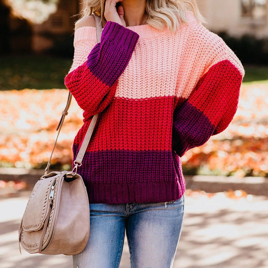 Damen lässiger Strickpullover mit weitem Ausschnitt und Farbblockdesign Heidi-Mode