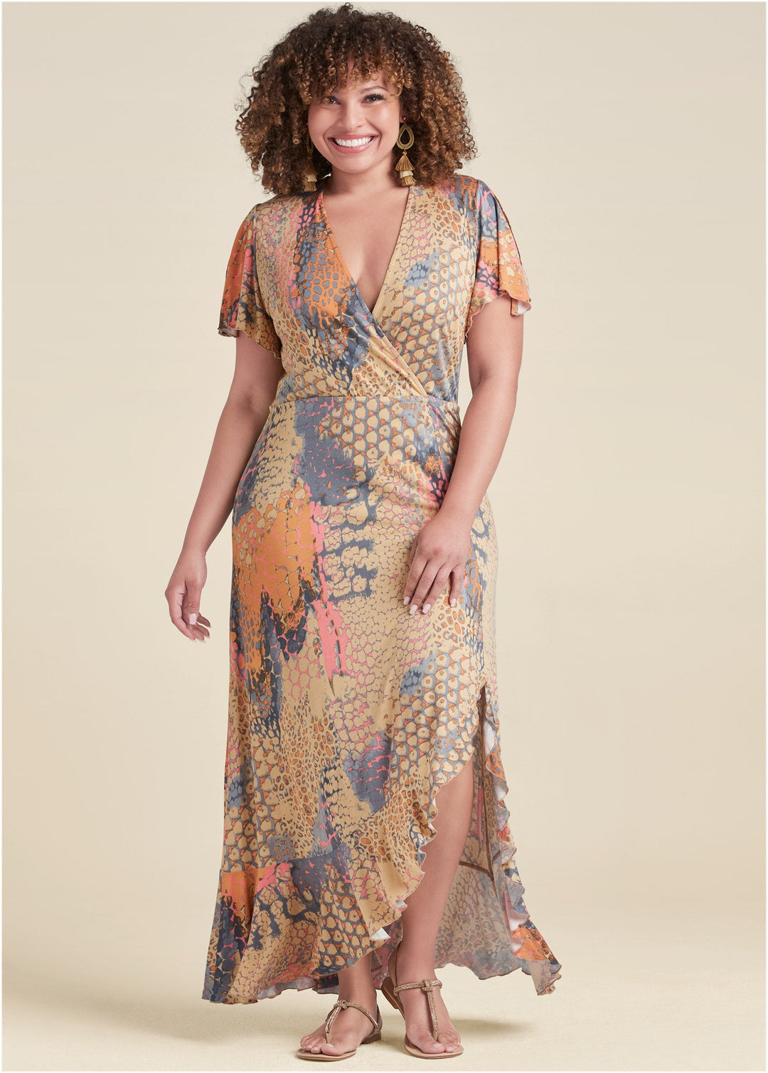 Heidi-Mode | Wickel Maxikleid Orange Mehrfarbig