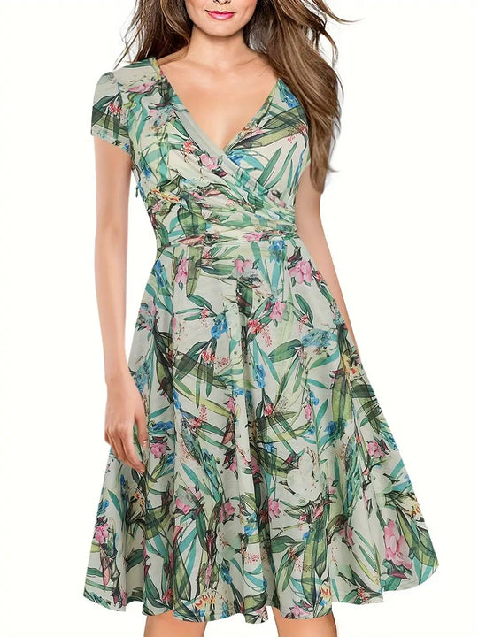 Blumen Print Kurzärmeliges Damen Kleid