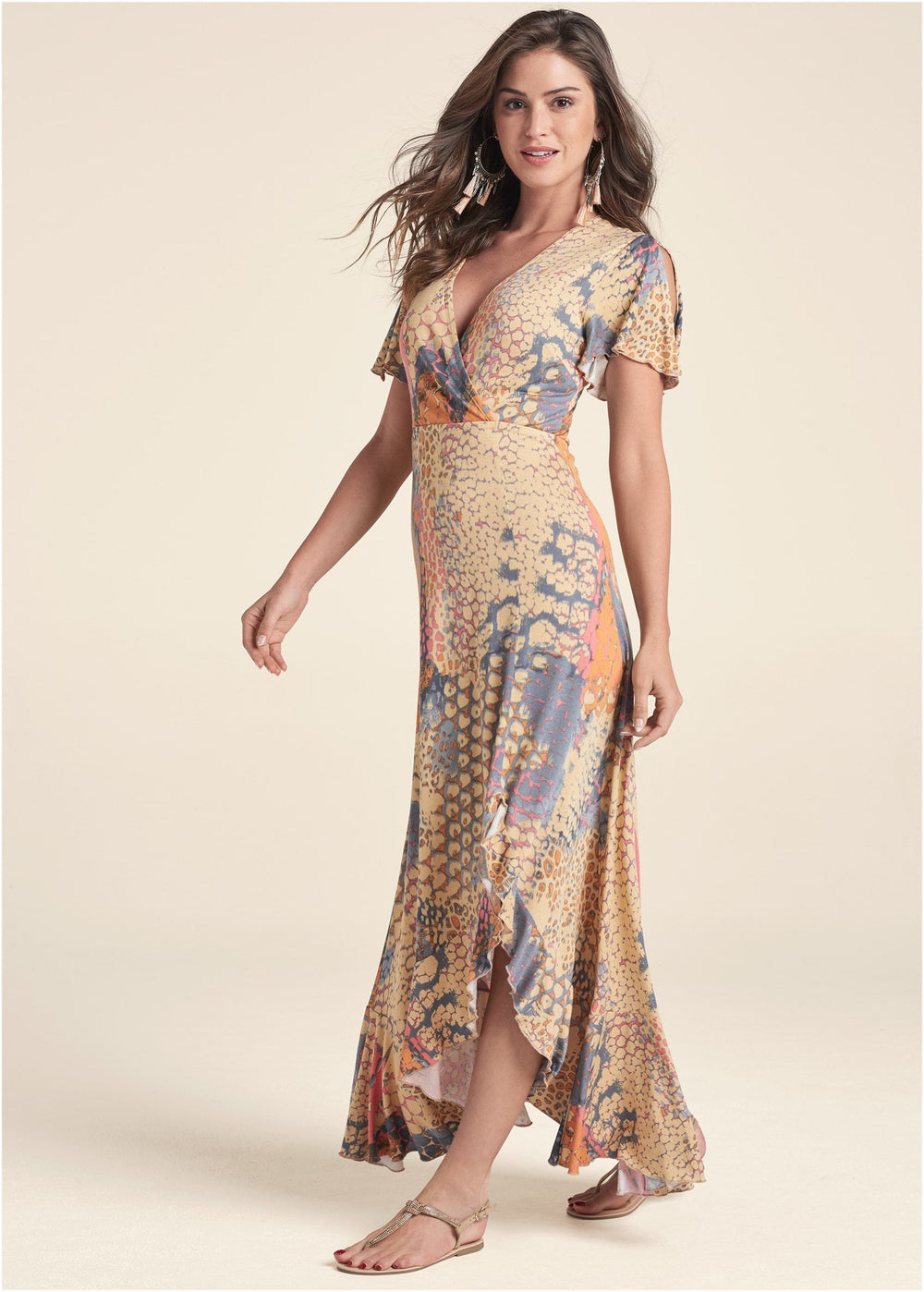 Heidi-Mode | Wickel Maxikleid Orange Mehrfarbig