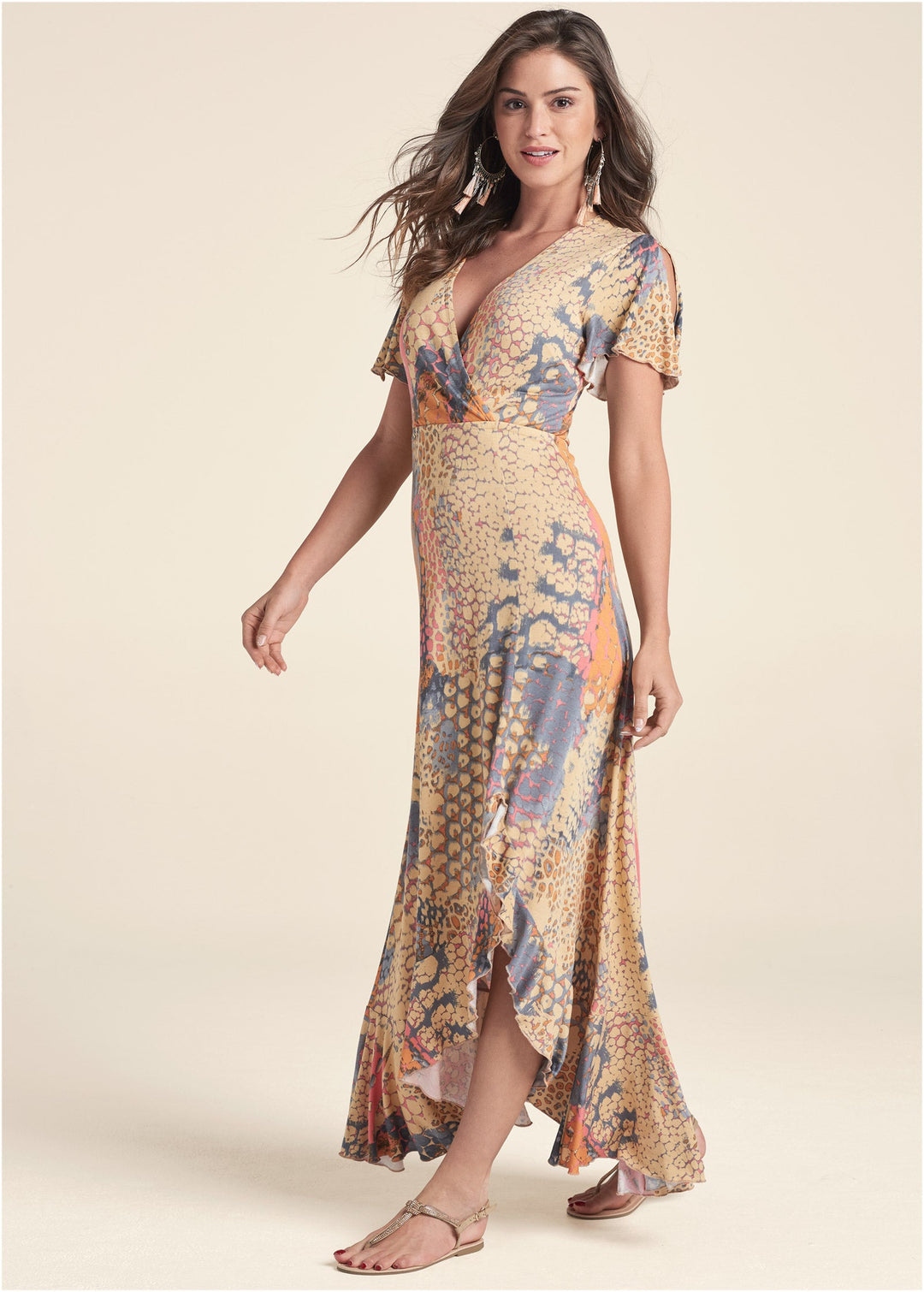 Heidi-Mode | Wickel Maxikleid Orange Mehrfarbig