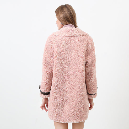 Damen Flauschiger Kurzmantel mit modischem Kragen und Knöpfen Heidi-Mode