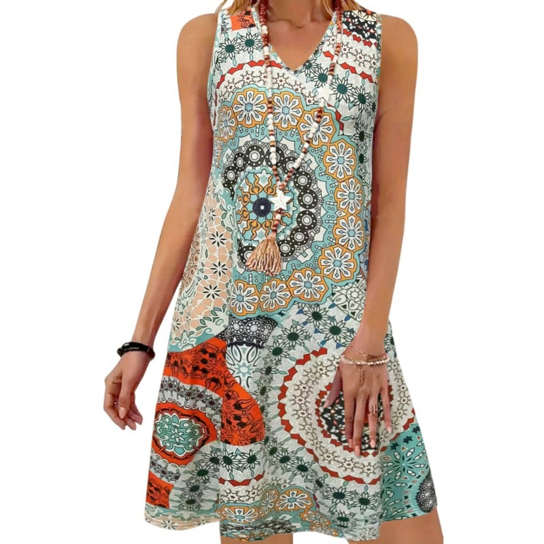 Heidi Mode | Bedrucktes lässiges ärmelloses Kleid mit V-Ausschnitt für Damen