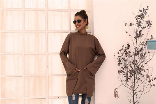 Damen Longpullover mit außerge-wöhnlichem Schnitt und Taschen Heidi-Mode