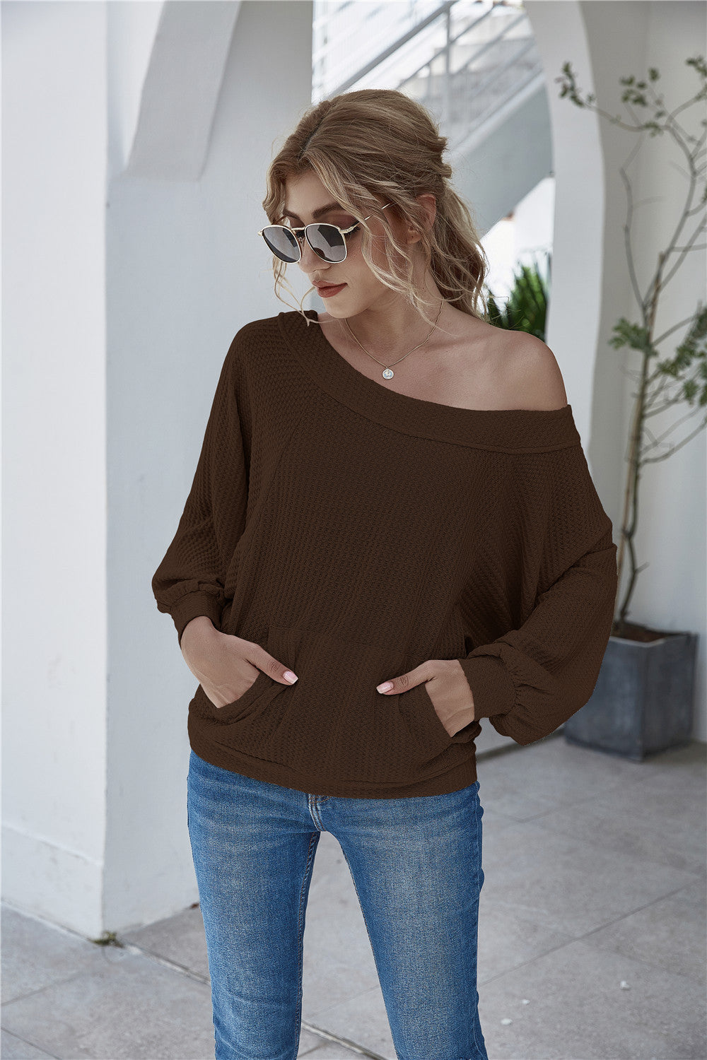 Damen lässiger Pullover mit oversized Schnitt und Taschen Heidi-Mode