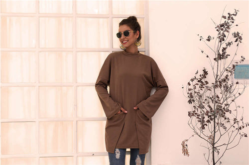 Damen Longpullover mit außerge-wöhnlichem Schnitt und Taschen Heidi-Mode