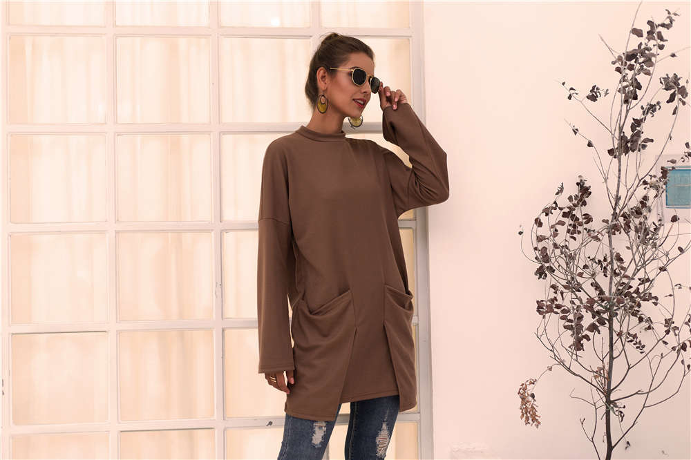 Damen Longpullover mit außerge-wöhnlichem Schnitt und Taschen Heidi-Mode