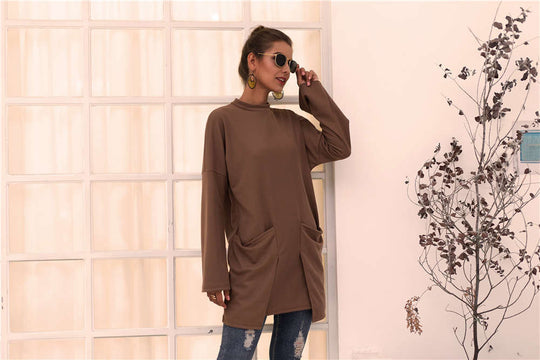 Damen Longpullover mit außerge-wöhnlichem Schnitt und Taschen Heidi-Mode