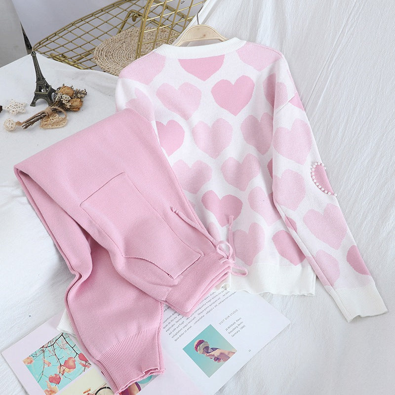Damen kuscheliges Strick-Loungewear-Set mit Herzmuster Heidi-Mode