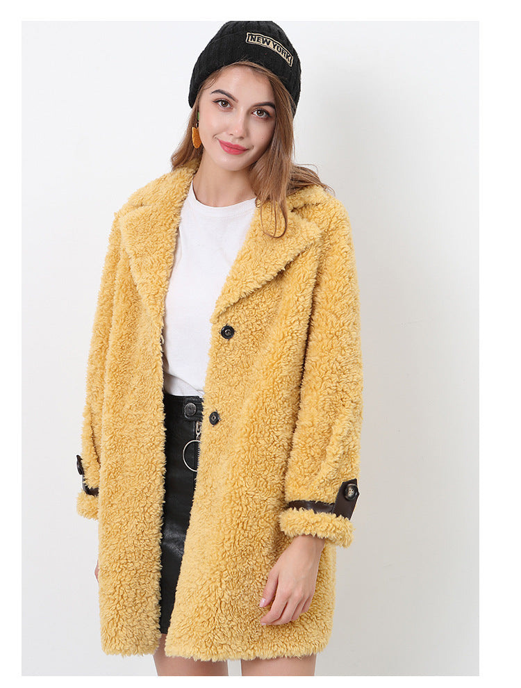 Damen Flauschiger Kurzmantel mit modischem Kragen und Knöpfen Heidi-Mode