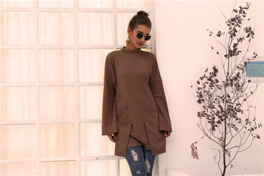 Damen Longpullover mit außerge-wöhnlichem Schnitt und Taschen Heidi-Mode