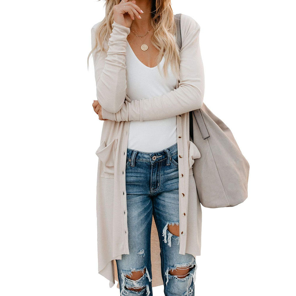 Damen Lange Strickjacke mit praktischen Taschen und Knopfleiste Heidi-Mode