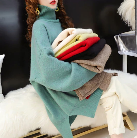 Damen Grobstrick Pullover mit hohem Kragen und lässigem Schnitt Heidi-Mode