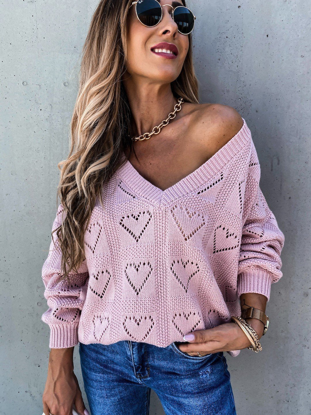 Damen Pullover mit Herz-Ausschnitten und lässigem V-Ausschnitt Heidi-Mode