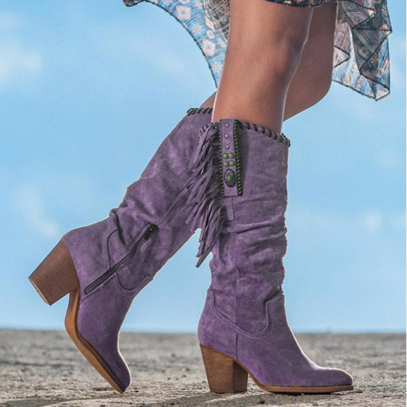 Heidi-Mode | Kniestrumpf Stiefel Kunst Wildleder Blockabsatz Fransen und Nieten Western Stil