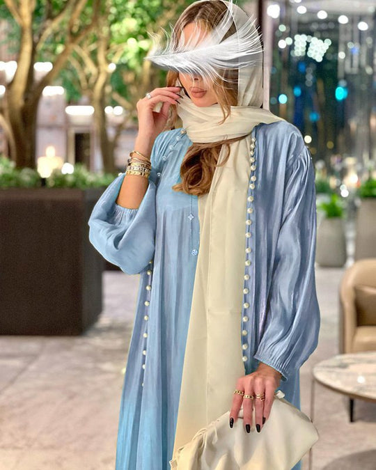 Heidi-Mode | 2 Teile Set Satin Perlen Muslimische Frauen Offene Abaya Kleid mit Innentop Ärmeloses Kleid