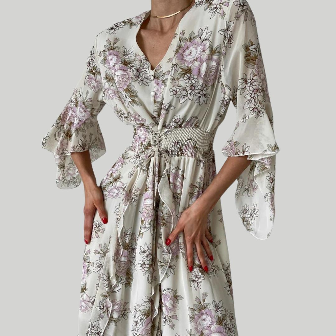 Heidi-Mode Florales Midi-Kleid mit V-Ausschnitt