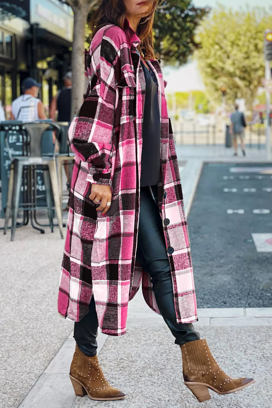 Heidi-Mode | Klappkragen Karoprint Wolle Lange Jacke